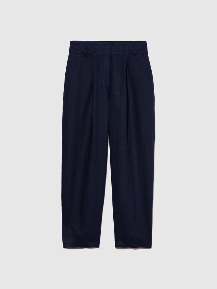 100% linen barrel leg trousers - women's carrot fit trousers - Dark Blue | Sisley image number 6